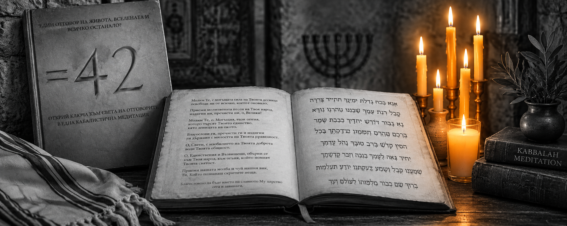 Ana B'Koach — an open prayer book with Hebrew and Bulgarian text, candles and a menorah